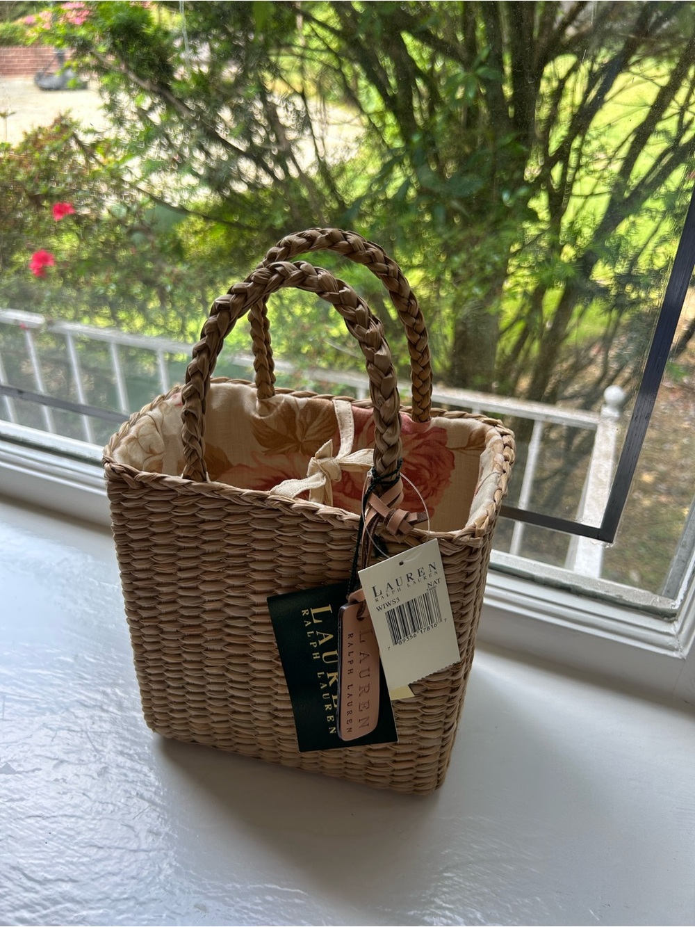 Lauren Ralph Lauren Woven Straw Mini Tote with Peach Floral Liner